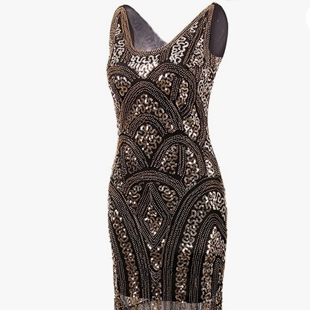 1920s Gold vintage inspired sequin fringe Gatsby Flapper dress- size Large